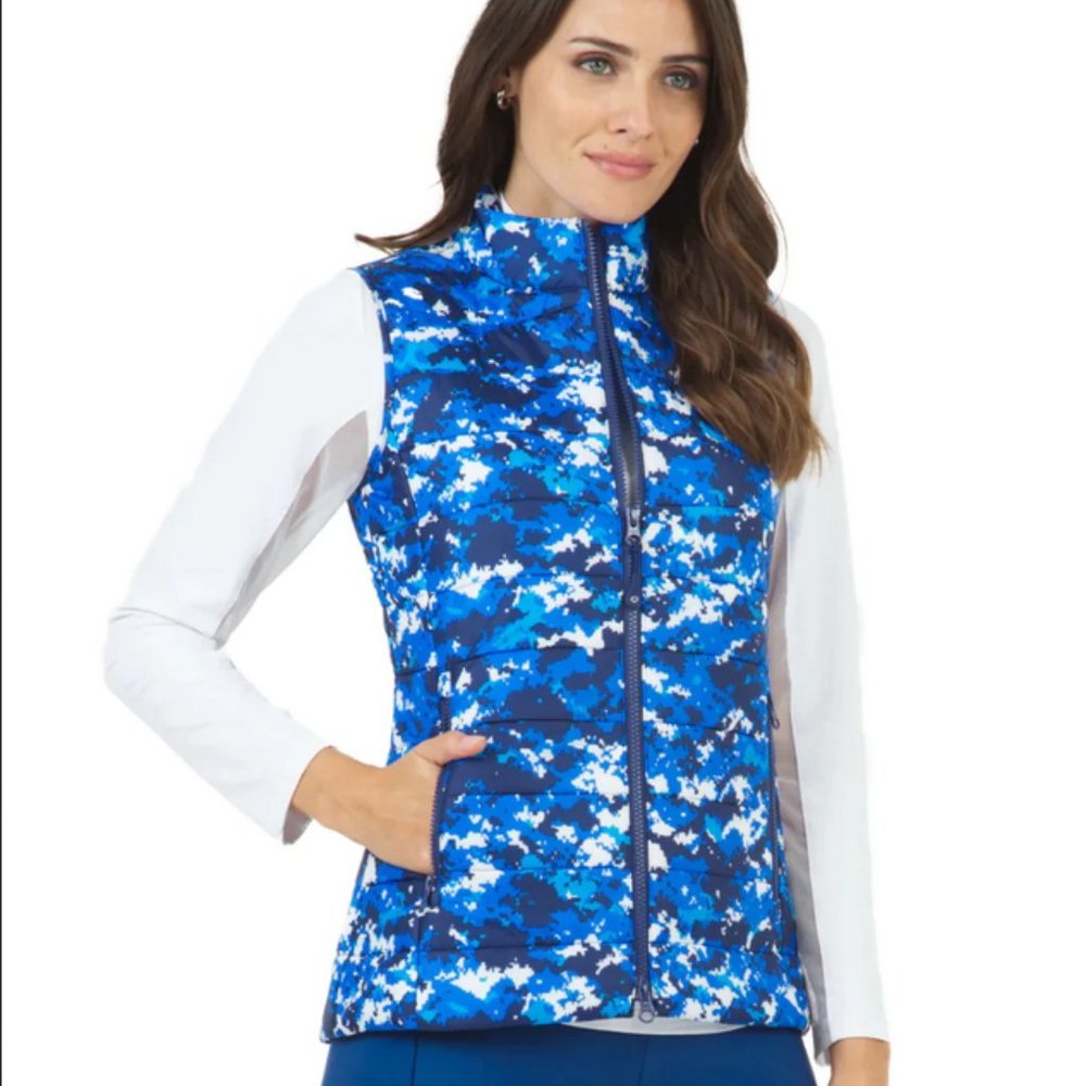 Ibkul 2 Way Zip Quilted Vest Camo Print Blue Navy GOLF NWT